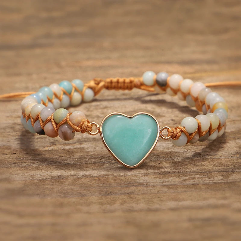 Classic Heart Shape Charm Bracelets Amazonite String Braided Macrame Wristband Teengirls Wrap Bracelet Femme Women Jewelry - FASHIONKULTUR