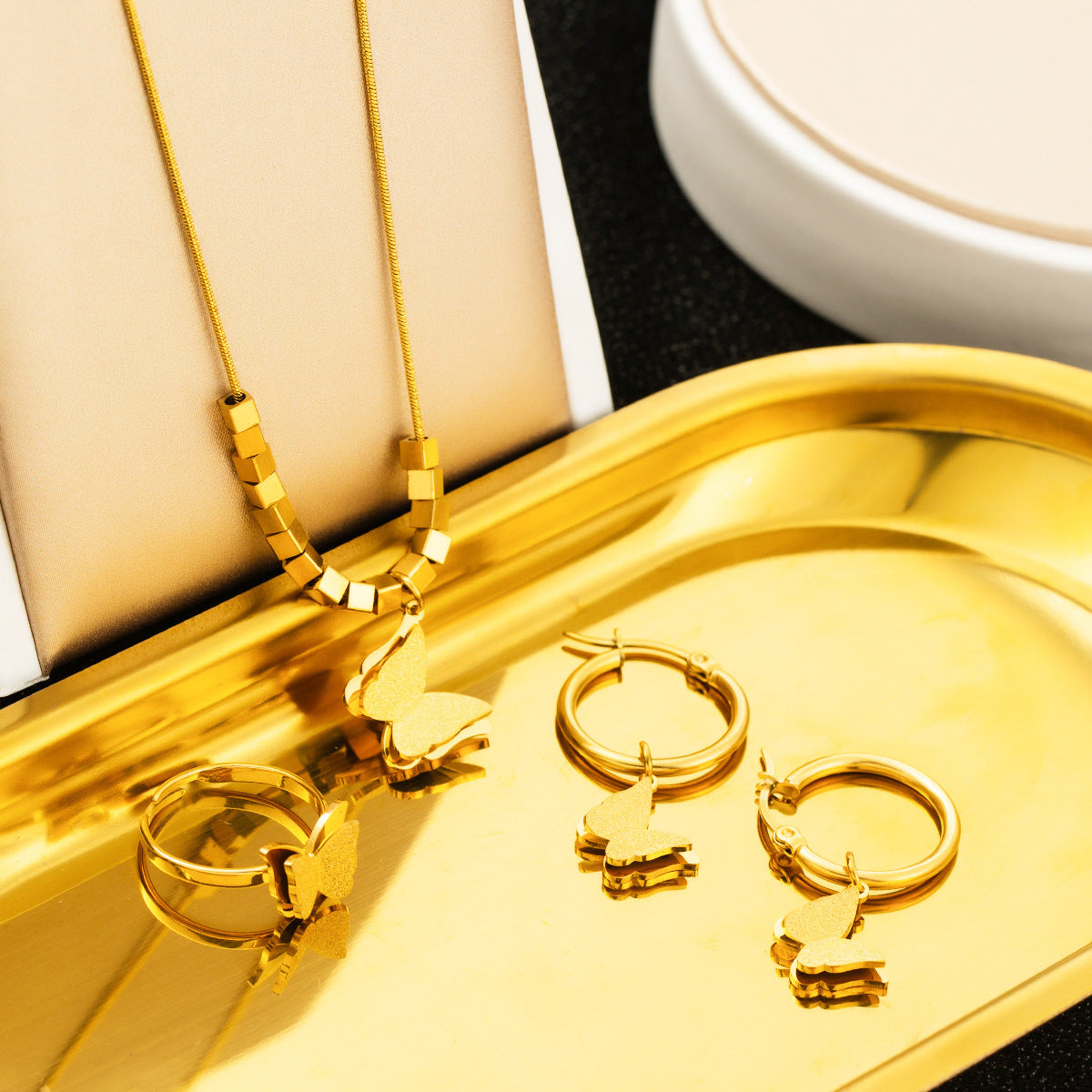 Stainless Steel Jewelry Set Necklace Earrings Ring Three-piece Set - FASHIONKULTUR