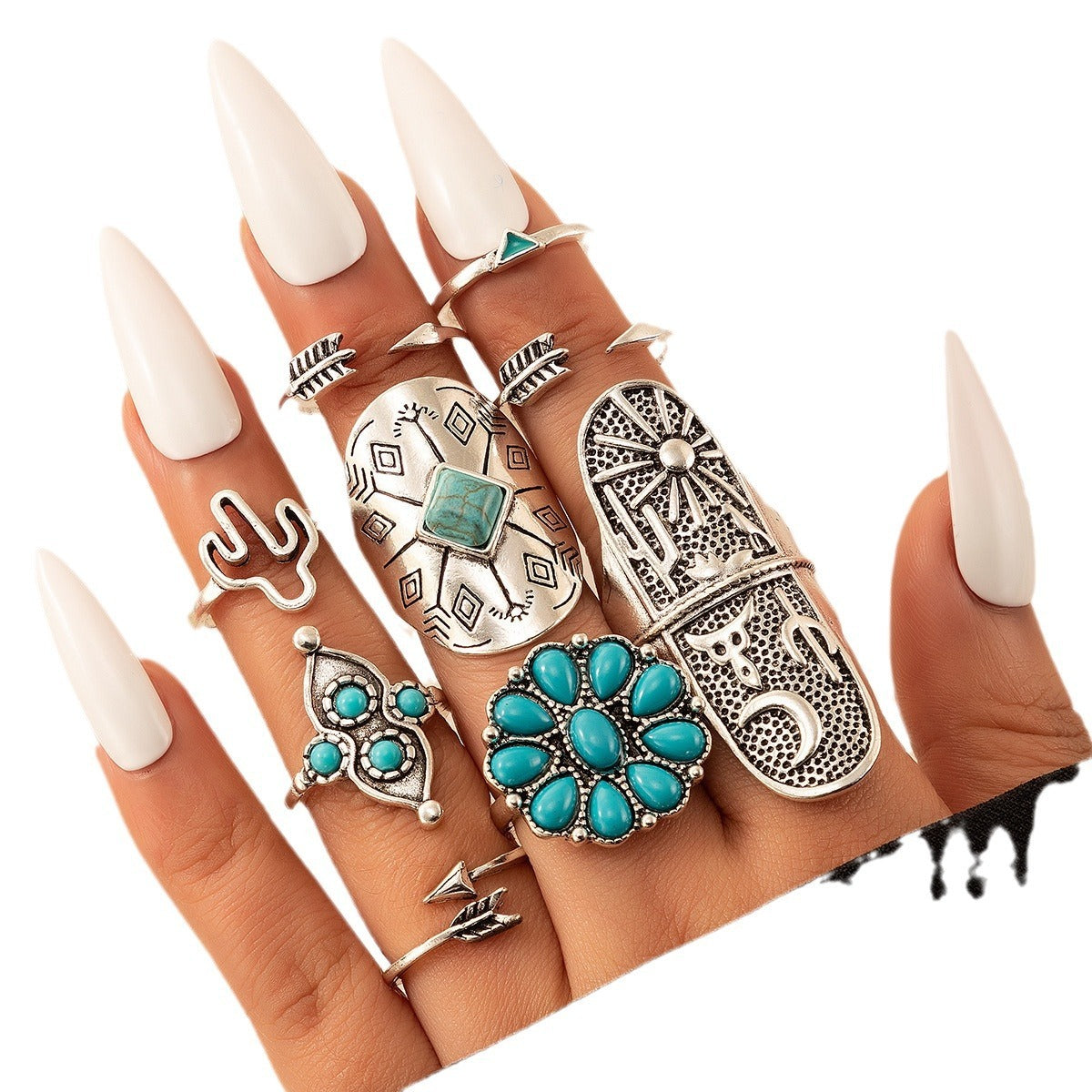 Turquoise Open 9-Piece Ring Set - FASHIONKULTUR