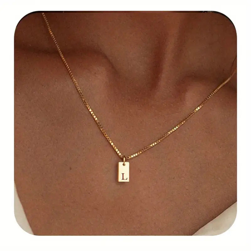 Stainless Steel Corrosion Carved 26 Letters Square Pendant Women's Necklace - FASHIONKULTUR