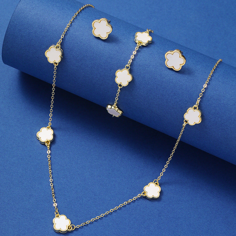 Lucky Five Petal Flower Ear Stud Necklace Bracelet Three-piece Set - FASHIONKULTUR