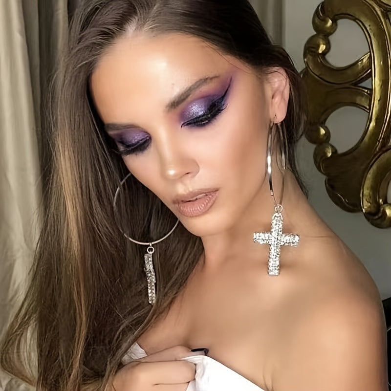 Ring Alloy Diamond Cross Eardrops Female Exaggerated Earrings - FASHIONKULTUR