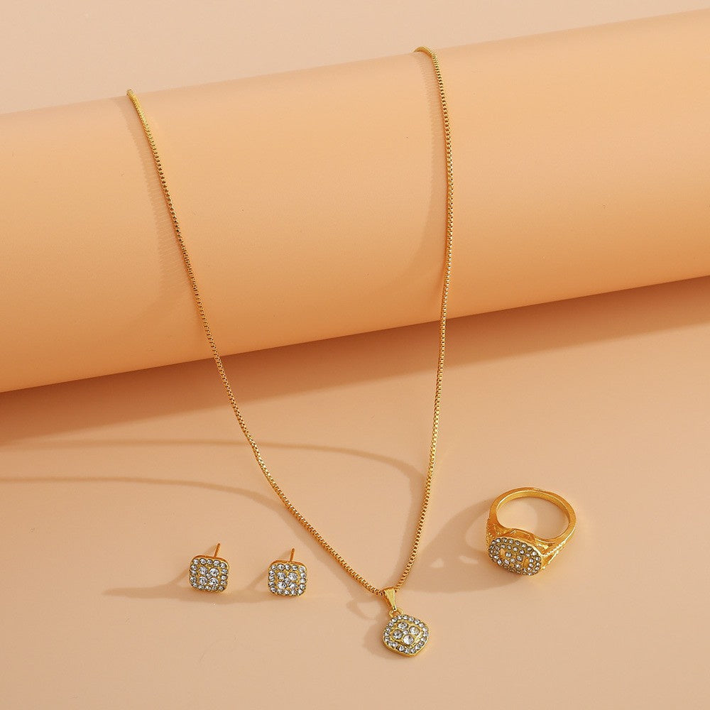 Engagement Ring, Stud Earrings, Necklace Three-piece Wedding Set - FASHIONKULTUR