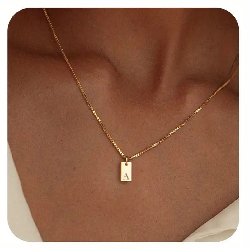 Stainless Steel Corrosion Carved 26 Letters Square Pendant Women's Necklace - FASHIONKULTUR