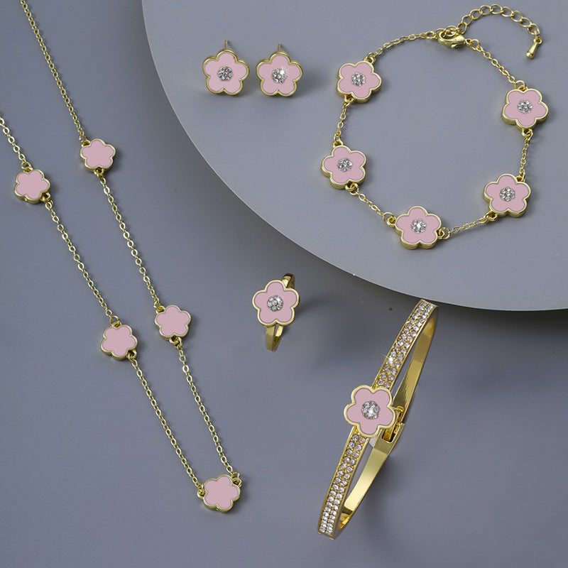 Ear Stud Necklace Set Of Five Petal Flower Jewelry European And American Five Leaves Flower Ornaments Suit - FASHIONKULTUR