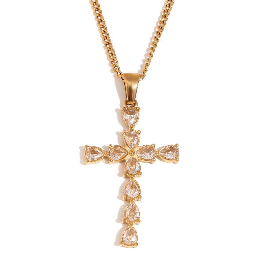 Stainless Steel 18K Gold Plated Water Drop Heart-shaped Cross Pendant Necklace - FASHIONKULTUR