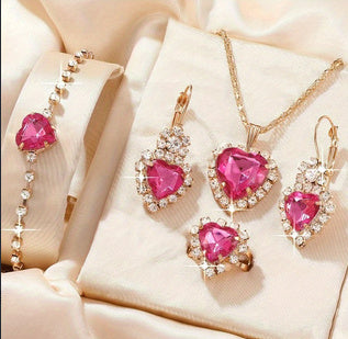 Heart Shape Rhinestone Necklace Earring Ring Bracelet 4 PCs Set - FASHIONKULTUR