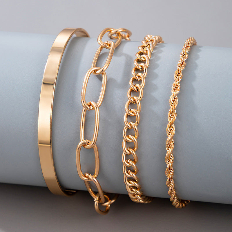 Exaggerated And Minimalist Gold Thick Chain Bracelet Set Of Four Pieces - FASHIONKULTUR