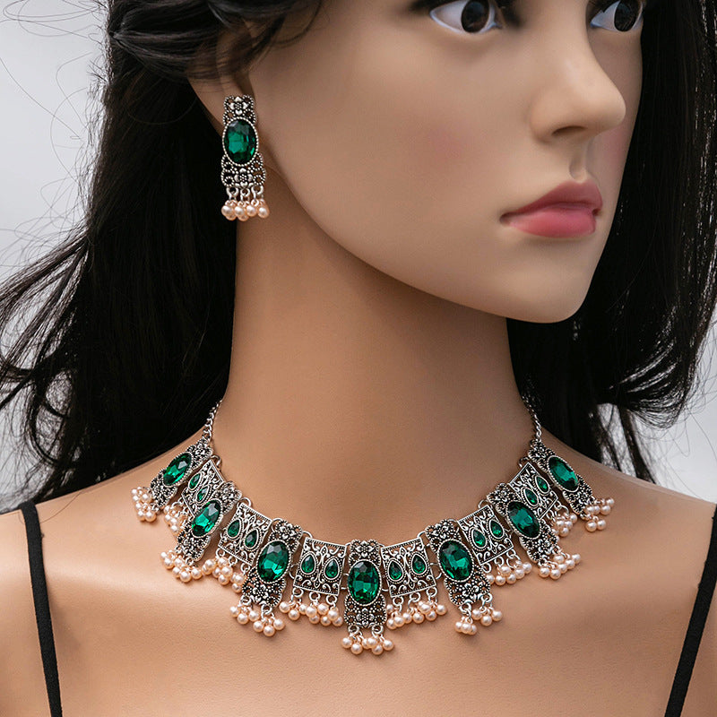 Vintage Emerald Earrings Ethnic Style Square Tassel Bead Pendant Jewelry Suit - FASHIONKULTUR