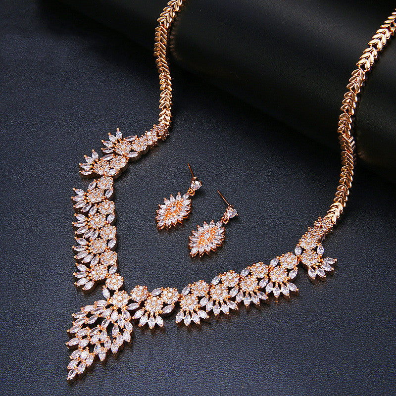 Jewelry Leaf Two Piece Bridal Zircon Set - FASHIONKULTUR