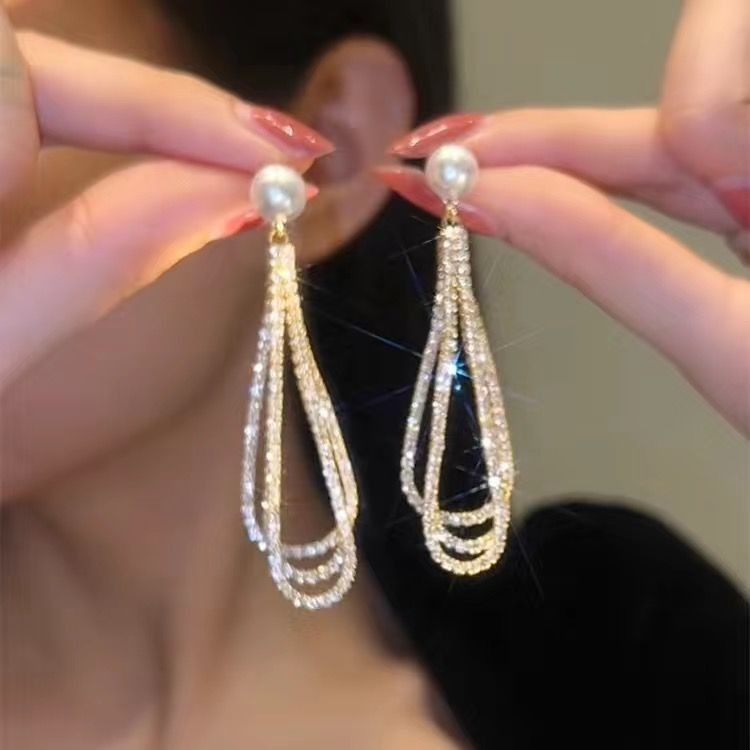 Drop-shaped Full Diamond Pearl Earrings Long Tassel Earrings - FASHIONKULTUR