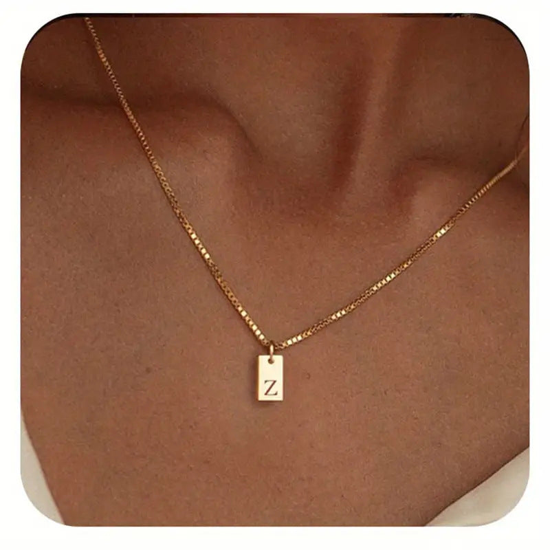 Stainless Steel Corrosion Carved 26 Letters Square Pendant Women's Necklace - FASHIONKULTUR