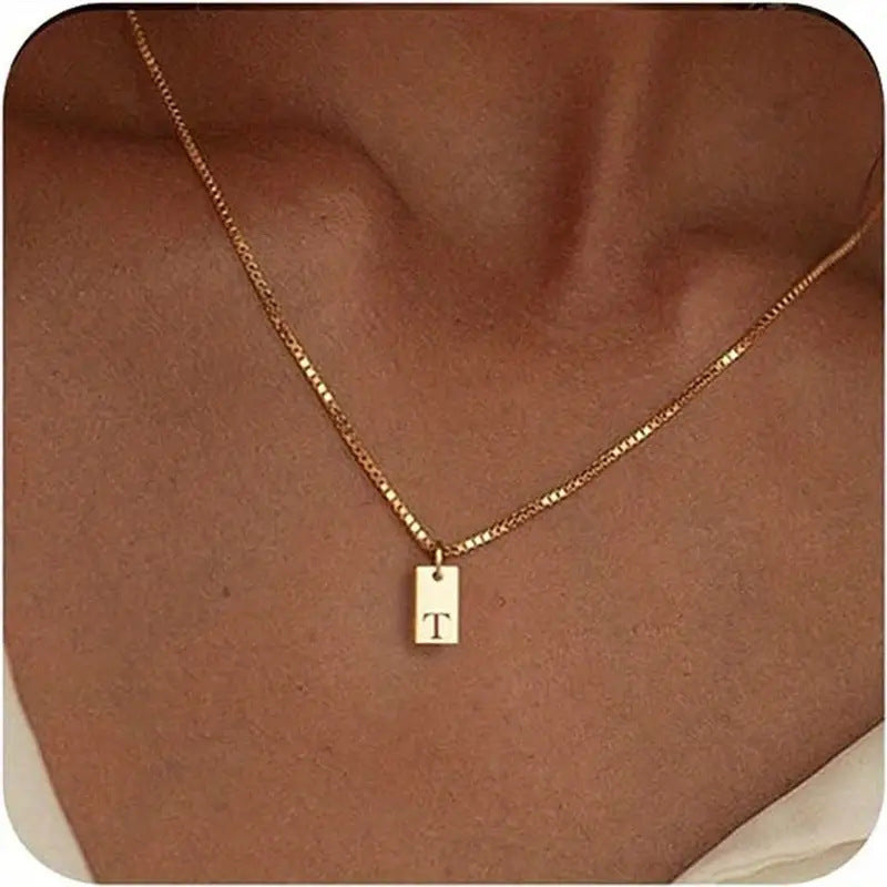 Stainless Steel Corrosion Carved 26 Letters Square Pendant Women's Necklace - FASHIONKULTUR
