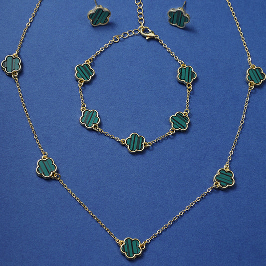 Lucky Five Petal Flower Ear Stud Necklace Bracelet Three-piece Set - FASHIONKULTUR