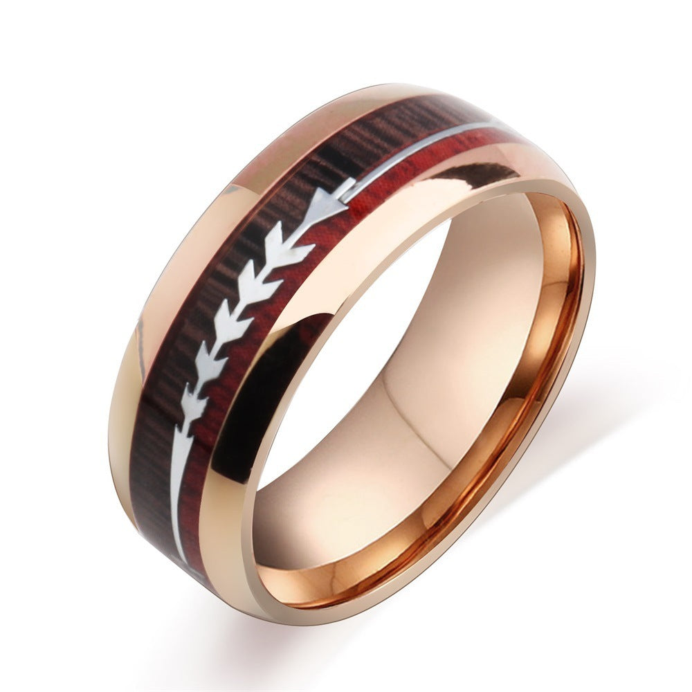 Stainless Steel Wood Grain Arrow Inlaid Ring - FASHIONKULTUR