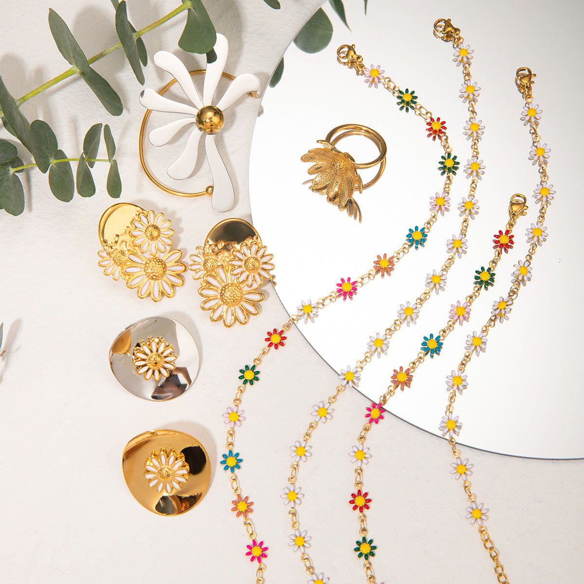 18K Gold Stainless Steel Chrysanthemum Stud Earrings Chain Necklace - FASHIONKULTUR
