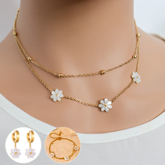 Fashion Jewelry Stainless Steel Flower DaisyFlower Necklace Double Layering Necklace Earrings Jeweley Set - FASHIONKULTUR