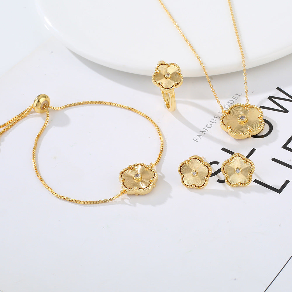 Gold Flower Bracelet Ring Earrings Women's Jewelry Set - FASHIONKULTUR