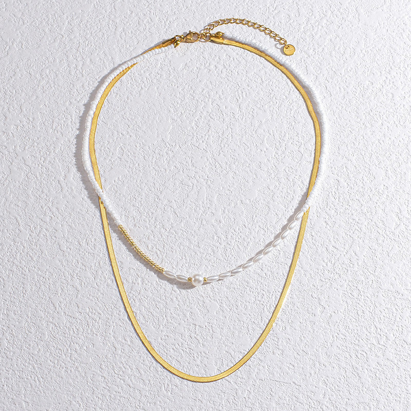 White Beaded Pearl Chain Double-layer Necklace - FASHIONKULTUR