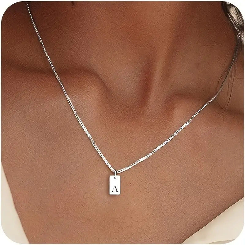 Stainless Steel Corrosion Carved 26 Letters Square Pendant Women's Necklace - FASHIONKULTUR