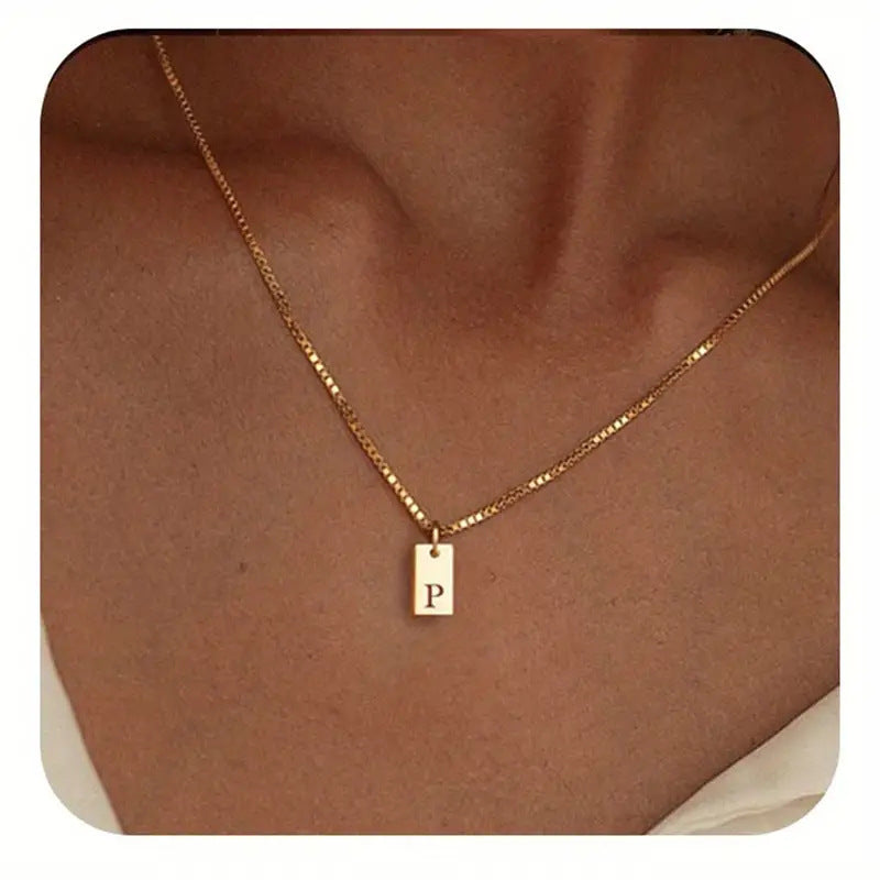 Stainless Steel Corrosion Carved 26 Letters Square Pendant Women's Necklace - FASHIONKULTUR