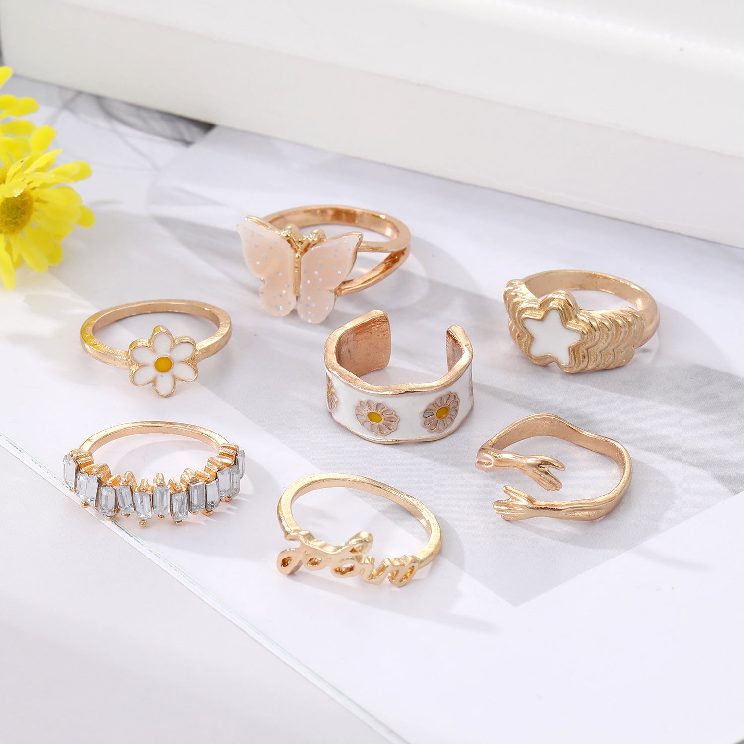 New Butterfly Star Diamond Daisy Flower Oil Drip Ring Set - FASHIONKULTUR