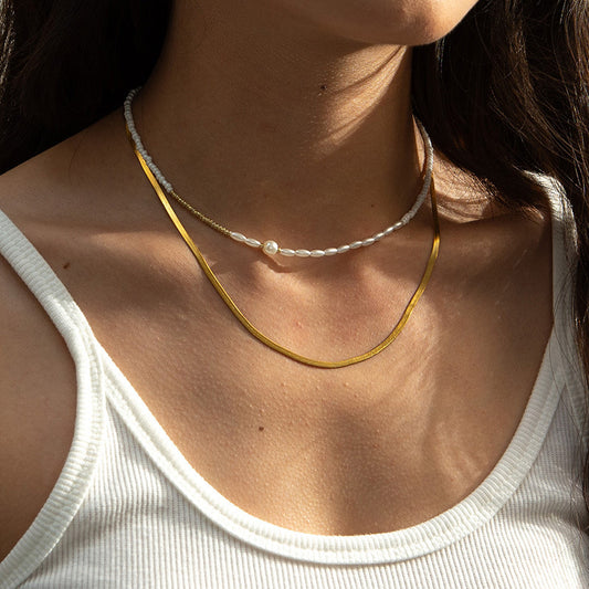 White Beaded Pearl Chain Double-layer Necklace - FASHIONKULTUR