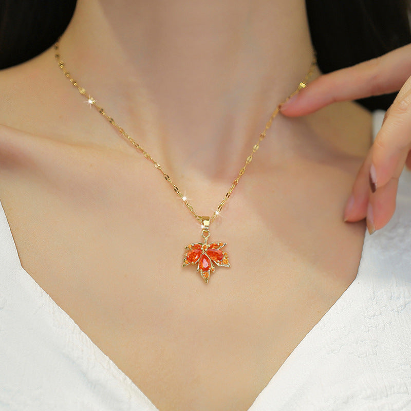 Red Maple Leaf Light Luxury Bone Chain Titanium Steel Necklace - FASHIONKULTUR