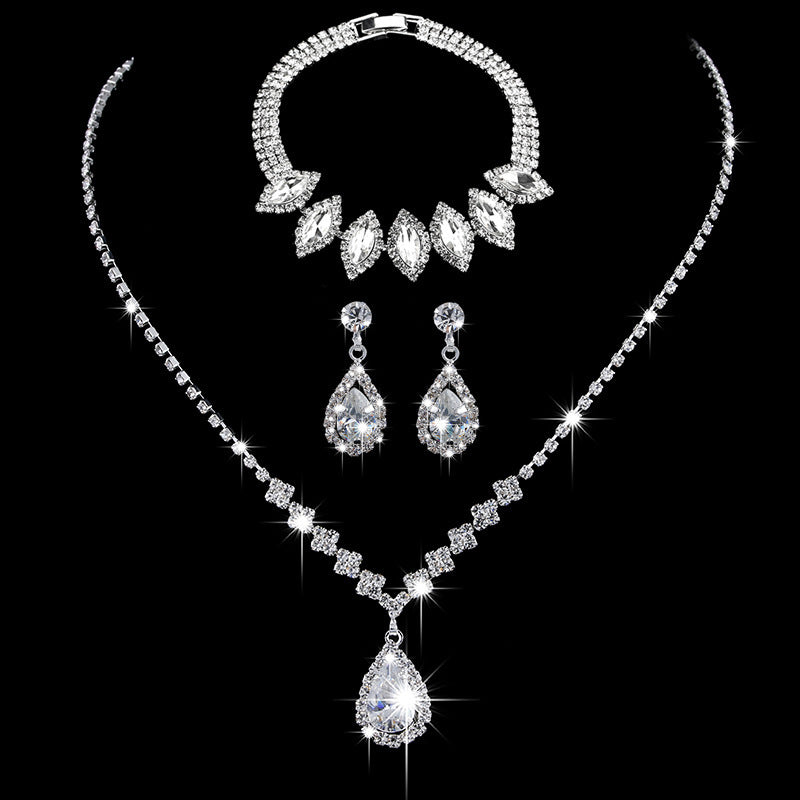 Brilliant Full Diamond Zircon Water Drop Necklace Eardrop Jewelry Set - FASHIONKULTUR