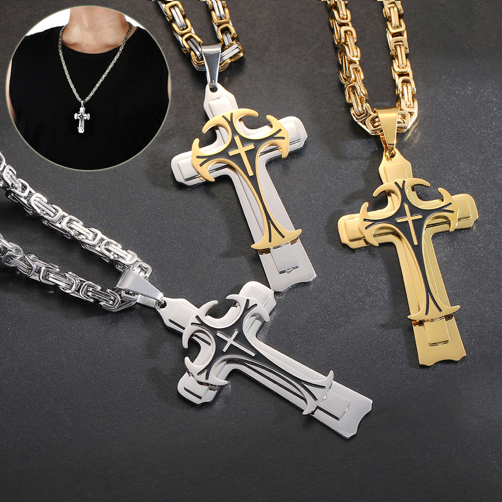 Fashion Jewelry Christian Trinity Latin Cross Necklace For Men Stainless Steel Three Layers Cross Pendants Necklaces Jewelry Gift - FASHIONKULTUR