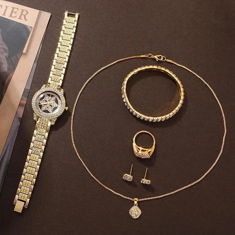 Snowflake Pattern Watch Luxury Full Rhinestone Jewelry Five-piece Set - FASHIONKULTUR