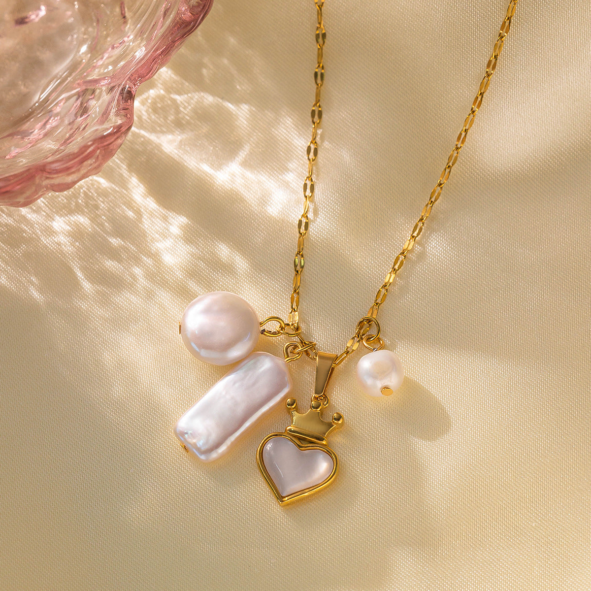 Titanium Steel Water Pearl Heart Fritillary Necklace Suit - FASHIONKULTUR