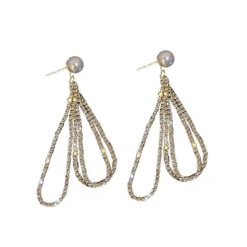 Drop-shaped Full Diamond Pearl Earrings Long Tassel Earrings - FASHIONKULTUR