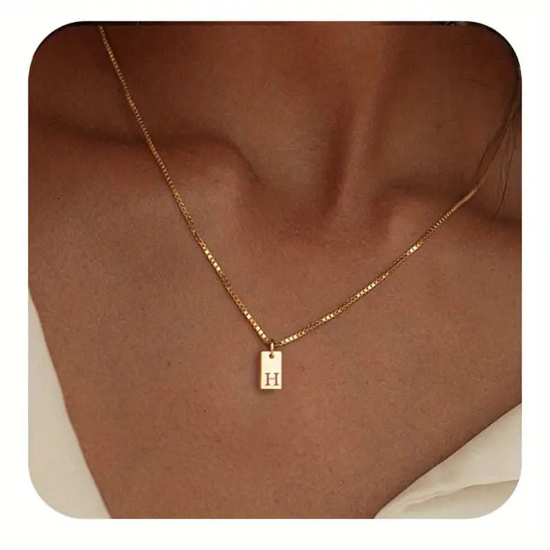 Stainless Steel Corrosion Carved 26 Letters Square Pendant Women's Necklace - FASHIONKULTUR