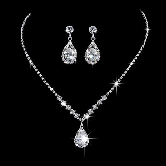 Brilliant Full Diamond Zircon Water Drop Necklace Eardrop Jewelry Set - FASHIONKULTUR