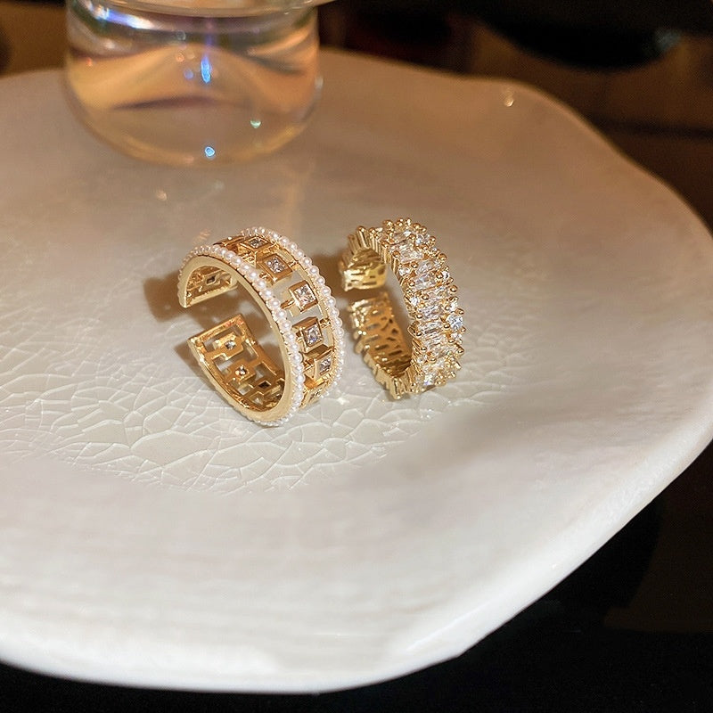 Pearl Hollowed-out Square Open-end Zircon Ring European And American Fashion Ring Female Jewelry - FASHIONKULTUR