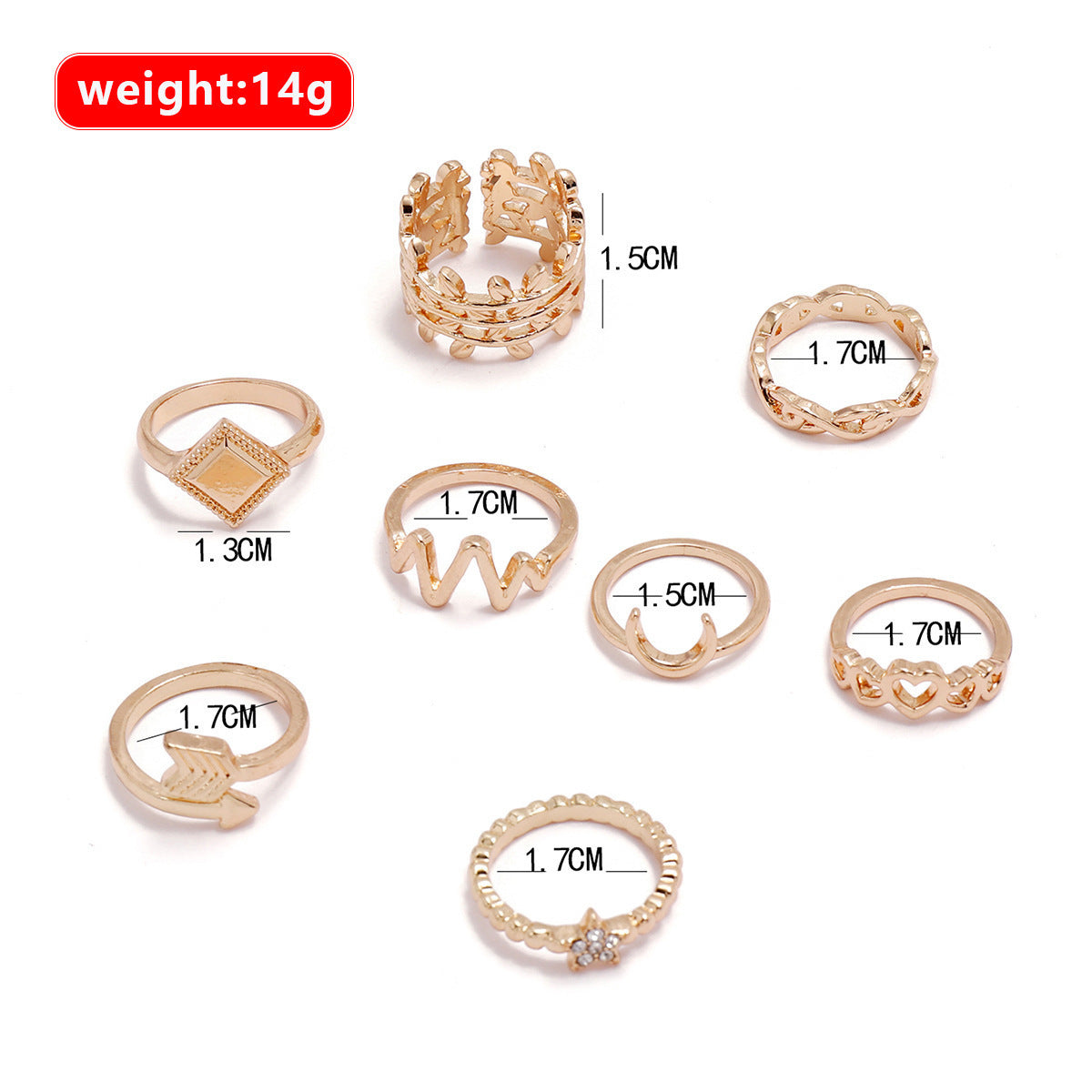 ECG Hollow Heart Star Moon Boat Anchor Square 8-piece Ring Set - FASHIONKULTUR