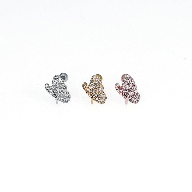 Stainless Steel Bow Pendant Zircon Stud Earrings Ear Bone Stud Piercing Ornament - FASHIONKULTUR