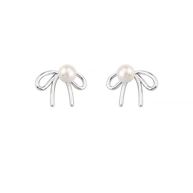 925 Sterling Silver Stud Earrings Light Luxury Shell Pearls Bow Special-interest Design - FASHIONKULTUR