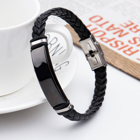 Men's Titanium Light Plate Lettering Stainless Steel Leather Braided Rope Bracelet - FASHIONKULTUR