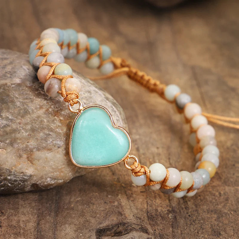 Classic Heart Shape Charm Bracelets Amazonite String Braided Macrame Wristband Teengirls Wrap Bracelet Femme Women Jewelry - FASHIONKULTUR