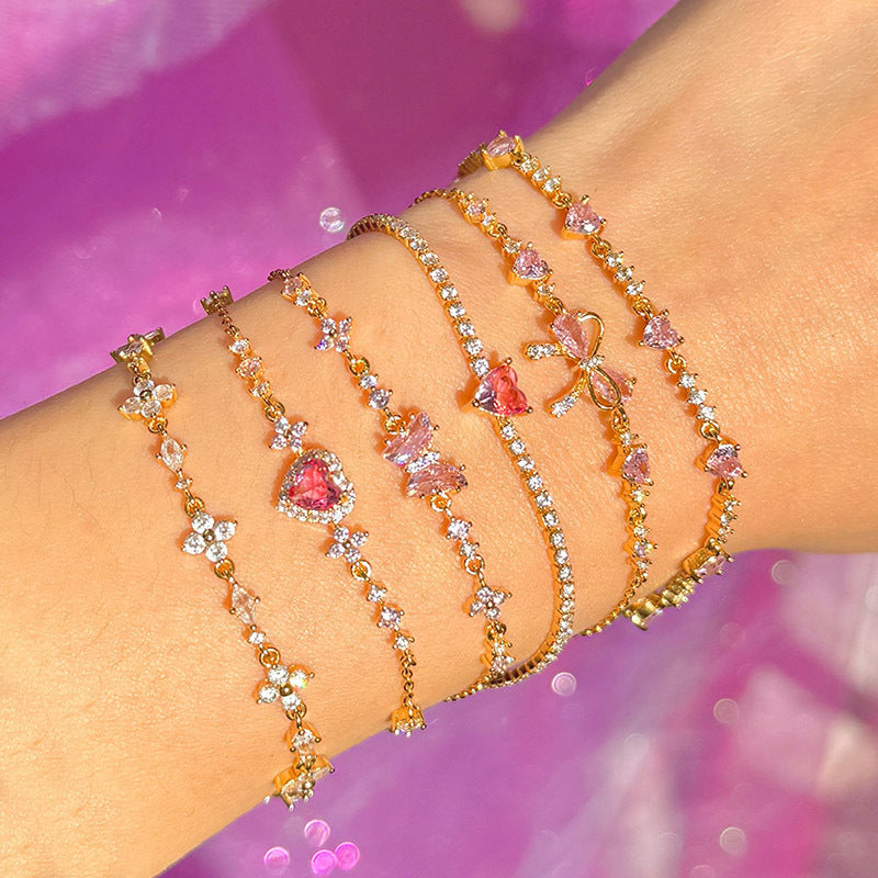Sweet Bow Heart Rhinestone Bracelet Y2K Ins Fashion Chain Bracelet Valentine's Day - FASHIONKULTUR