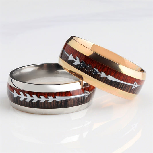 Stainless Steel Wood Grain Arrow Inlaid Ring - FASHIONKULTUR