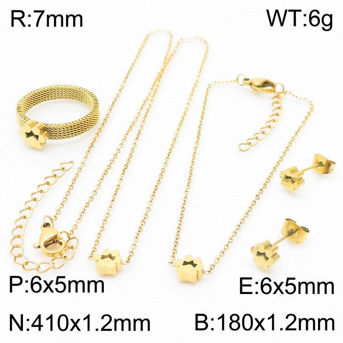 Ring Mesh Cat's Paw Stainless Steel Necklace Bracelet Cute Pet Four-piece Ring Set Jewelry - FASHIONKULTUR