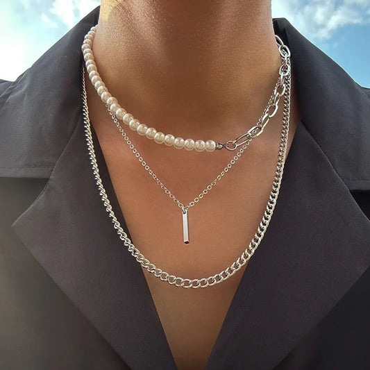 Ancient Geometric Pendant Necklace for Men with Half-Pearl Chain Choker - FASHIONKULTUR