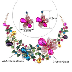 Europe and America luxury color flower crystal drill short clavicle Necklace Earrings Set women bride dinner dress ornaments - FASHIONKULTUR