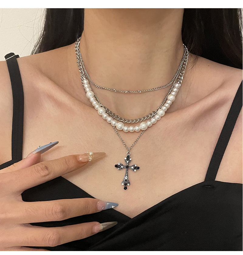 Fashion Personalized Multi-Layered Pearl Cross Pendant Necklace Clavicle Chain For Women Temperament Jewelry Accessories Gifts - FASHIONKULTUR