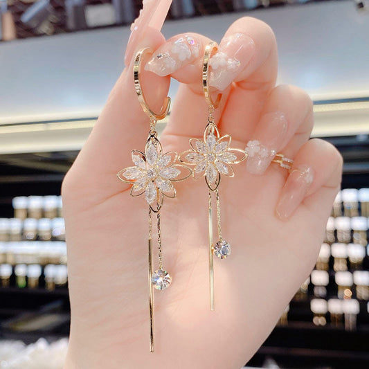 Stylish Flower Earrings Women's Tassel Imitation Crystal - FASHIONKULTUR