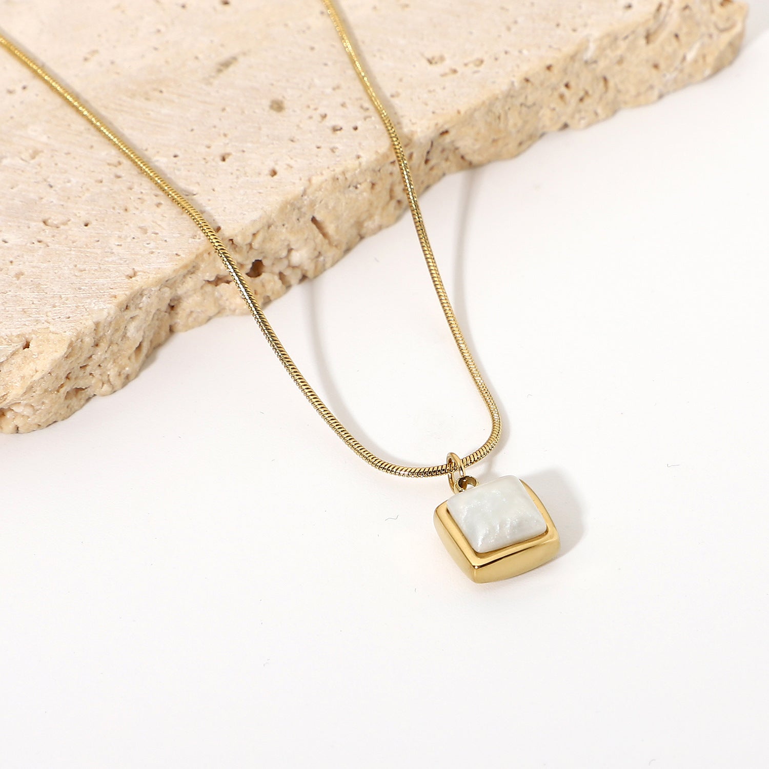 14K Gold Plated Stainless Steel Necklace Square White Jade Pendant Women's Jewelry - FASHIONKULTUR