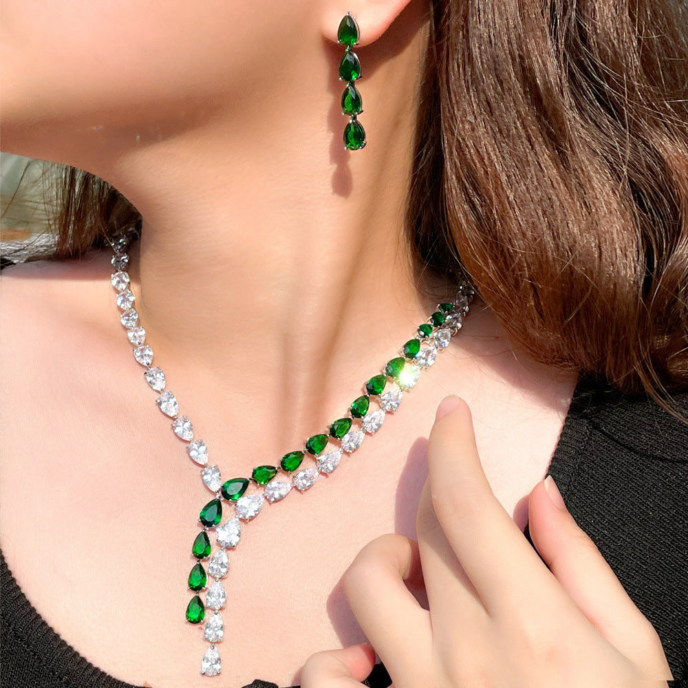 Two Tone Patchwork Teardrop Zircon Jewelry Necklace Earring Set Chain - FASHIONKULTUR